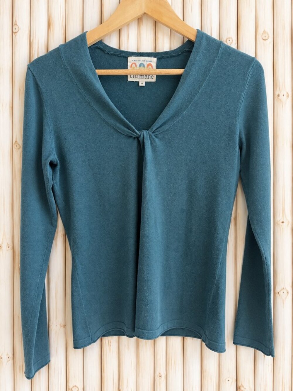 Title Nine Y2K Twist-Front V-Neck Long Sleeve Teal Cotton Knit Top